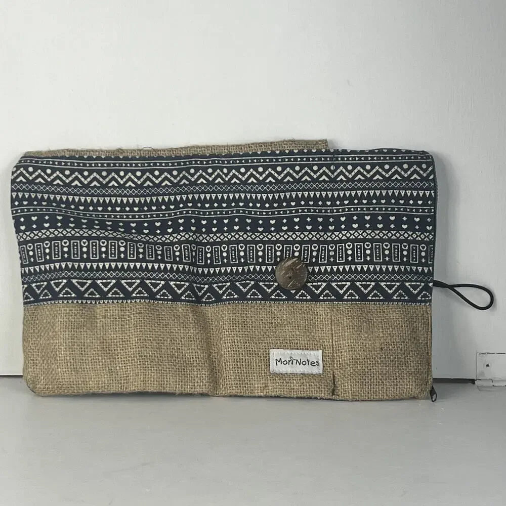 Mori Notes Pencil Holder Navy Blue Ethnic Printed Canvas Jute Zipper Compartmets